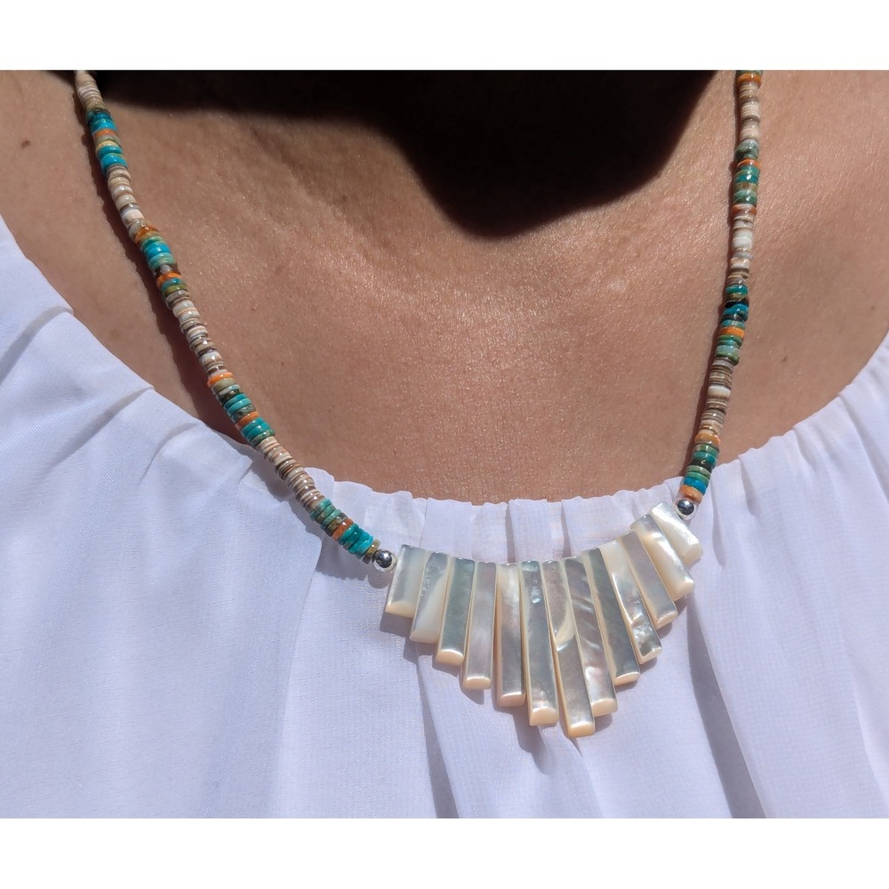 Native American Natural Beaded Necklace with Mother of Pearl Pendant ***